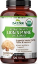 Zazzee USDA Organic Lion's Mane 20:1 Extract, 30% Πολυσακχαρίτες, 16.000 mg Δύναμη, 120 Vegan Κάψουλες, Nootropic για Εγκεφαλική Υγεία, Εστίαση, Μνήμη, Συγκέντρωση και Ανοσολογική Υποστήριξη, Κατασκευασμένο στις ΗΠΑ