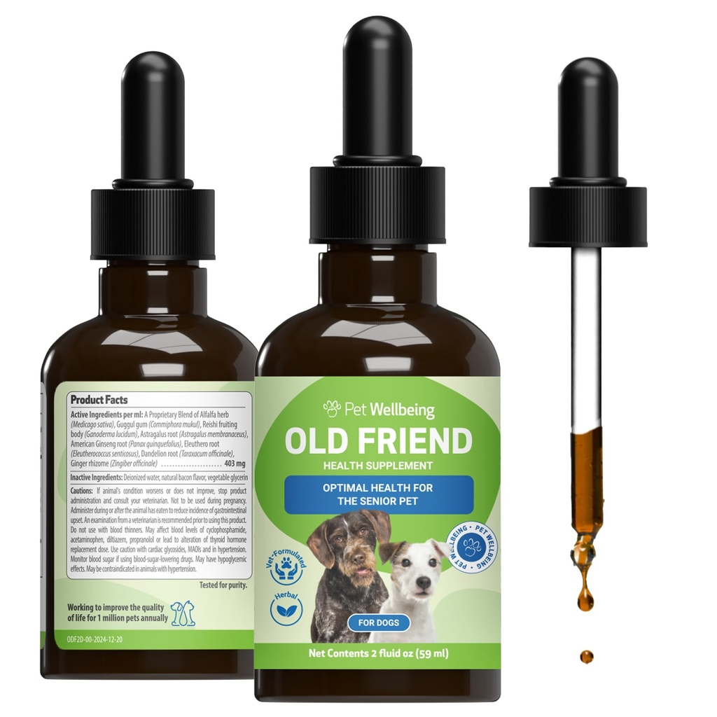 Pet Wellbeing Old Friend for Senior Dogs - Υποστηρίζει την υγεία του ανοσοποιητικού συστήματος, Κοινή Κινητικότητα, Υγιή Επίπεδα Ενέργειας, Alfalfa, Reishi - Κτηνιατρικό-Σχηματισμένο συμπλήρωμα βοτάνων 2 oz (59 ml)