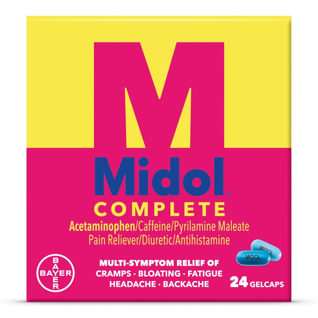 Midol Complete Gelcaps 24Ct: Midol Complete Menstrual Pain Relief Gelcaps With Acetaminophen For Menstrual Symptom, Pms Relief, And Period Cramp Relief - 24 Count (Packaging May Vary)