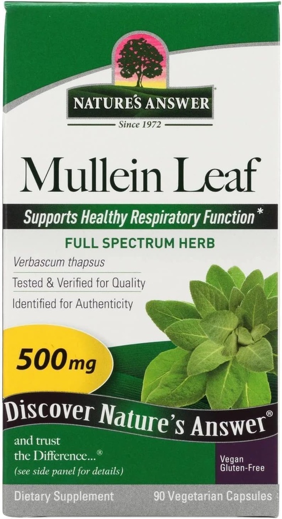 Nature's Answer Mullein Leaf Capsules 90 - Alcohol Free, Vegetarian, Vegan, Gluten Free - Mullein capsuels for Lungs - Supports Respiratory Function & Lung Health