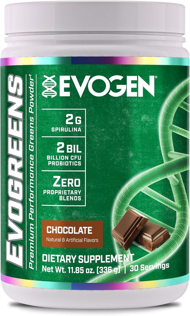 Evogen Evogreens | Premium Performance Greens Superfood, Spirulina, Pomegranate, Probiotics, Kale | 30 Servings (Chocolate, 30 Servings)