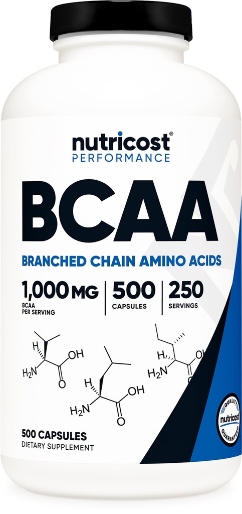 Nutricost BCAA 1000mg, 500 κάψουλες (250 Serv), 2:1:1 Διακλαδισμένη Αλυσίδα Αμινοξέα (500mg L-λευκίνης, 250mg L-ισολευκίνης και L-βαλίνης)