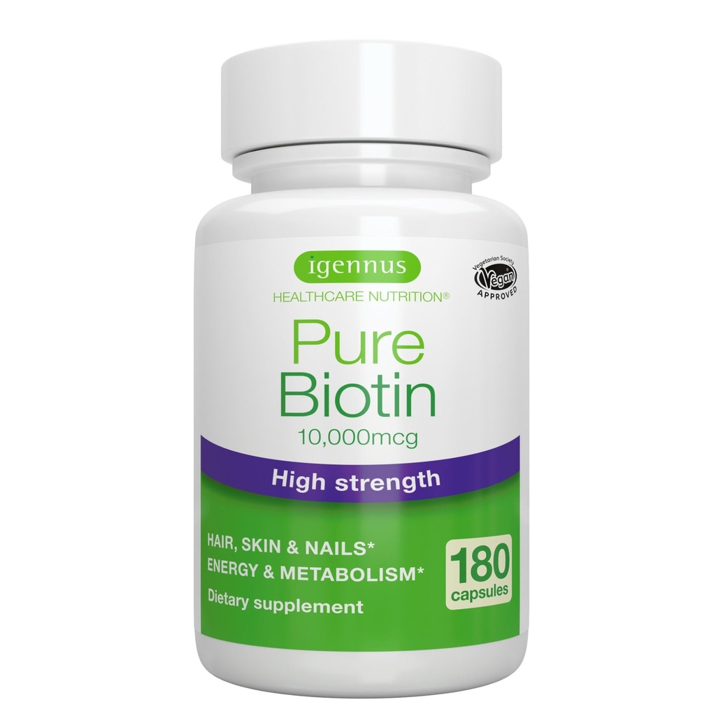 Igennus Clean Biotin 10.000mcg, Υψηλής Ικανότητας Βιταμίνη B7, Εργαστήριο Επαληθευμένο, Vegan, 1-a-Day, Μικρό εύκολο να καταπιούν κάψουλες, Όχι Μετά τη γεύση ή τη μυρωδιά, Hypoallergenic