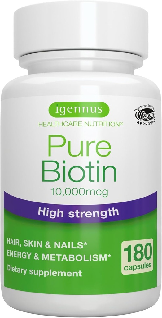 Igennus Clean Biotin 10.000mcg, Υψηλής Ικανότητας Βιταμίνη B7, Εργαστήριο Επαληθευμένο, Vegan, 1-a-Day, Μικρό εύκολο να καταπιούν κάψουλες, Όχι Μετά τη γεύση ή τη μυρωδιά, Hypoallergenic