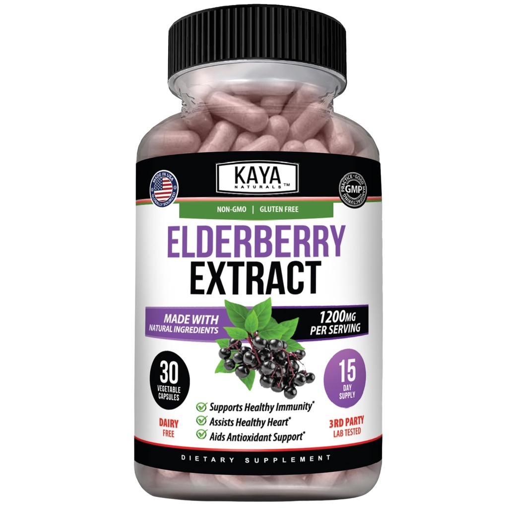 Kaya Naturals Υποστήριξη του ανοσοποιητικού - Elderberry Extract, Πλούσιες Αντιοξειδωτικές Premium Βιταμίνες, 1200mg Αναμνηστική κάψουλες του ανοσοποιητικού συστήματος Sambucus - 30 Count