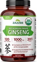 Zazzee USDA Organic Red Korean Panax Ginseng 20:1 Extract, 1000 mg, 5% Ginsenosides, 120 κάψουλες Vegan, Standardized and Concentred 20X Root Extract, 100% χορτοφαγικά, όλα φυσικά, Made in The USA