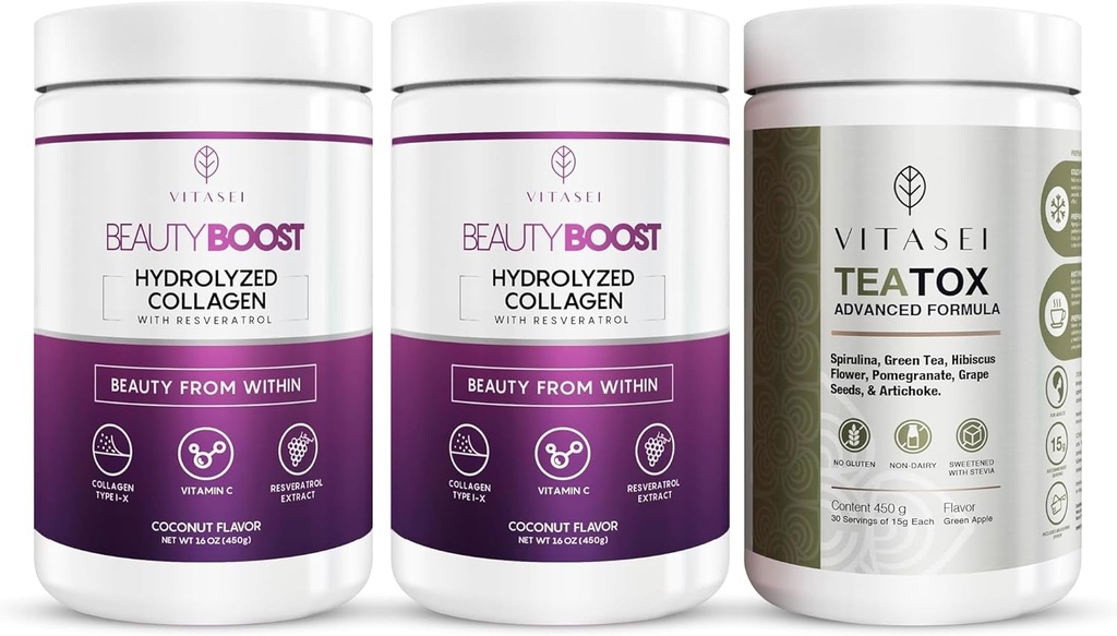 VITASEI Hydrolyzed Collagen Peptides σκόνη με βιταμίνη C & Resveratrol και Teatox Cleanse υποστήριξη σκόνη, Digestion Booster W / πράσινο τσάι, Spirulina, Artichoke