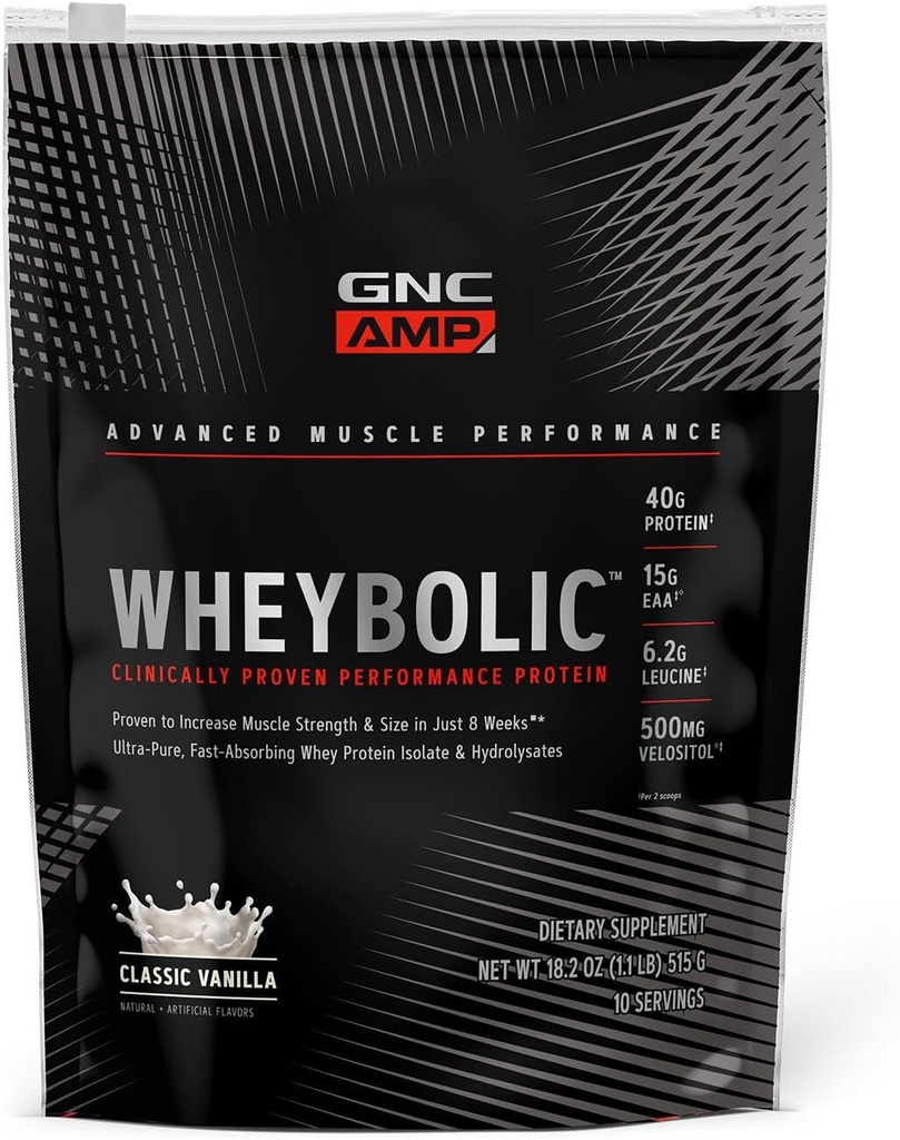 GNC AMP Ουροβολική κλινικά αποδεδειγμένη πρωτεΐνη σκόνη, 40g πρωτεΐνη ορού γάλακτος, BCAA, λεουκίνη, αυξάνει τη μυϊκή δύναμη, οικοδόμηση μυών, 3ο μέρος δοκιμαστεί, χωρίς γλουτένη, κλασική βανίλια, 10 υπηρεσίες