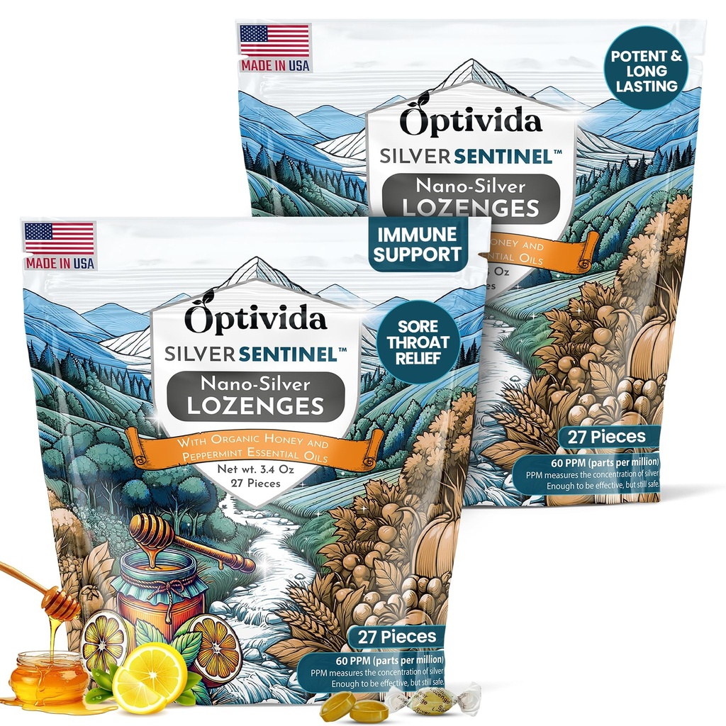 Optivida Health Colloidal Silver Lozenges with Honey & Lemon Oil (2 Pack) - Καταπραϋντικό λαρυγγικό λαρύγγι Lozenges για ενήλικες με ανακούφιση βήχα & γρήγορη δράση Nano Silver Formula για ανοσοποιητική υποστήριξη, 60 Ppm