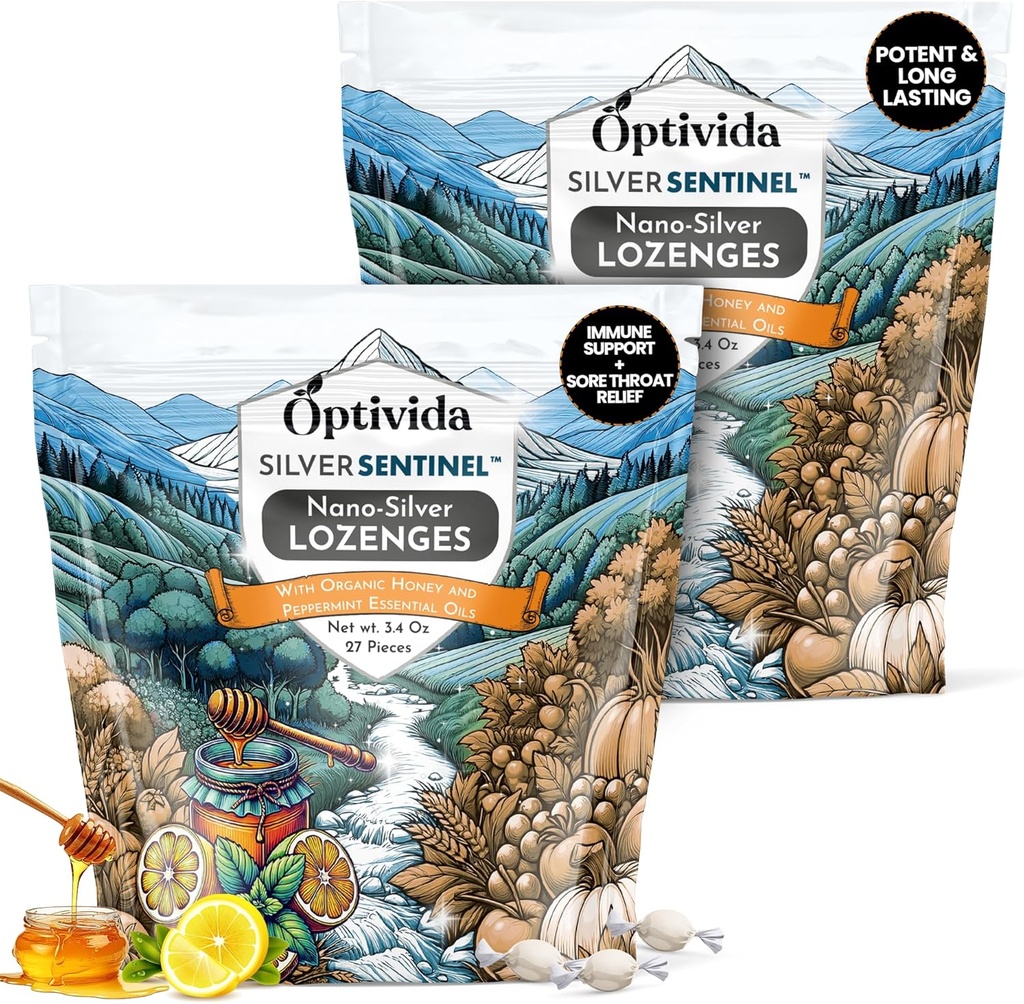 Optivida Health Colloidal Silver Lozenges with Honey & Lemon Oil (2 Pack) - Καταπραϋντικό λαρυγγικό λαρύγγι Lozenges για ενήλικες με ανακούφιση βήχα & γρήγορη δράση Nano Silver Formula για ανοσοποιητική υποστήριξη, 60 Ppm