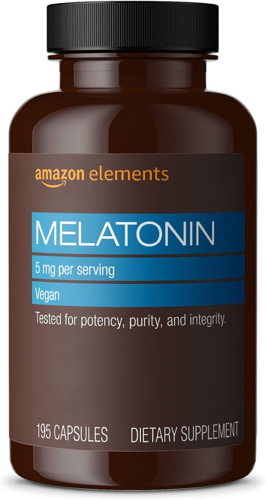   Elements - Melatonin 5mg Capsules, Helps with occasional sleeplessness, Vegan, Unflavored, 195 Count (Pack of 1), 6 month supply (Packaging may vary)