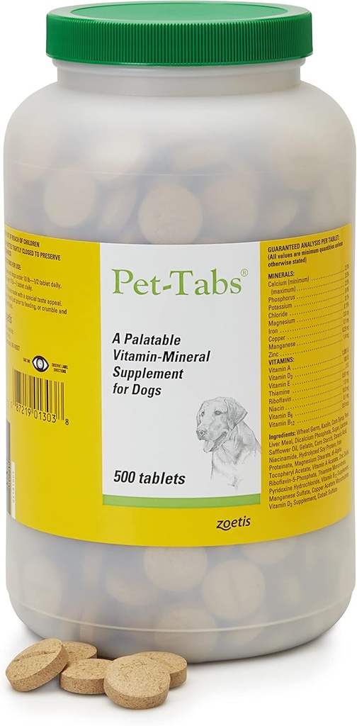 Pet-Tabs Multivitamin and Mineral Supplement for Dogs, Chewable Tablet, 500 Count Bottle for Multidog House