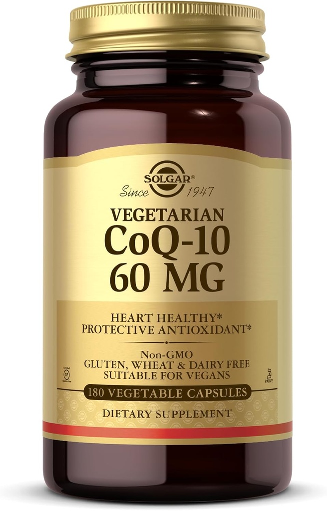 Solgar Vegetarian CoQ-10 60 mg - 180 κάψουλες λαχανικών - Προστατευτικό Αντιοξειδωτικό - Μη ΓΤΟ, Vegan, Χωρίς γλουτένη, Χωρίς γαλακτοκομικά, Kosher - 180 Σερβιέτες