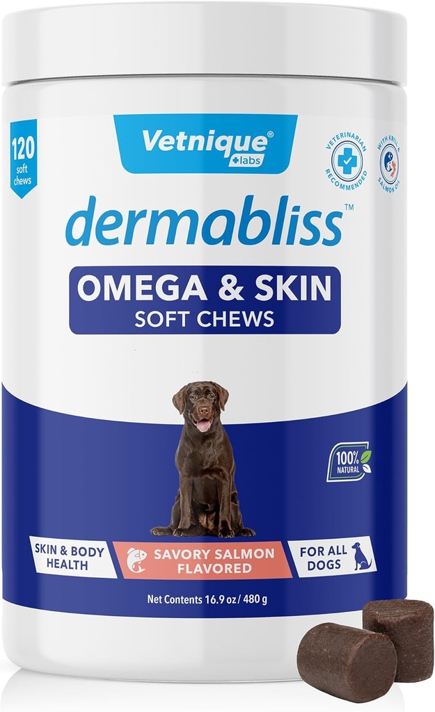 Vetnique Dermabliss Omega & Skin Health Fish Oil for Dogs Soft Chews Healthy Skin & Coat for Dogs with Biotin & DHA - Κρέατα σκύλων Hickory Salmon (120 Count Chews)
