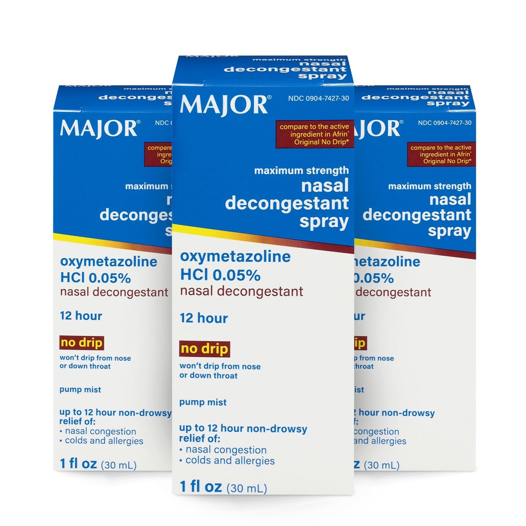 MAJOR Maximum Strength Nasal Decongestant Spray, Oxymetazoline HCl 0.05% Pump Mist, Non-Drowsy Nasal Spray, up to 12-Hour Relief from Nasal Congestion, Colds, and Allergies 1 Fl. Oz. (3-Pack)