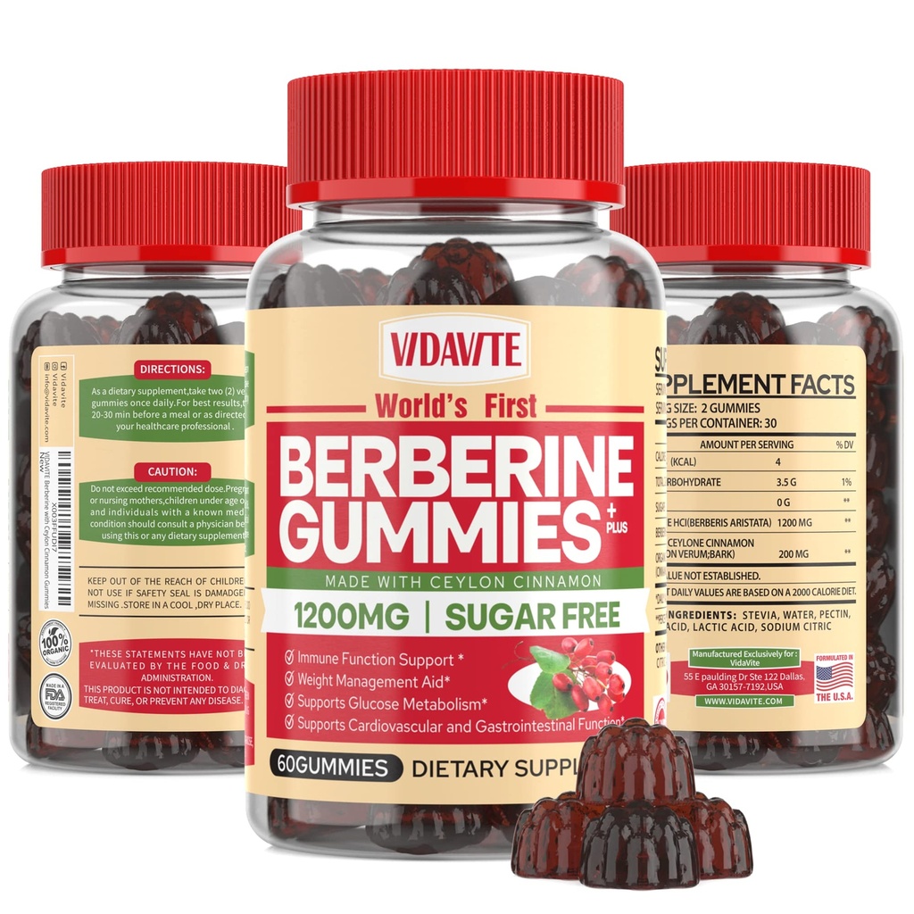 VIDAVITE Berberine with Ceylon Cinnamon Gummies — Sugar-free, 98% Pure & 10x Absorption — 1200mg HCL Organic Berberine Supplement for Weight Management, Immunity, Metabolic & Digestive Health(30 Days)
