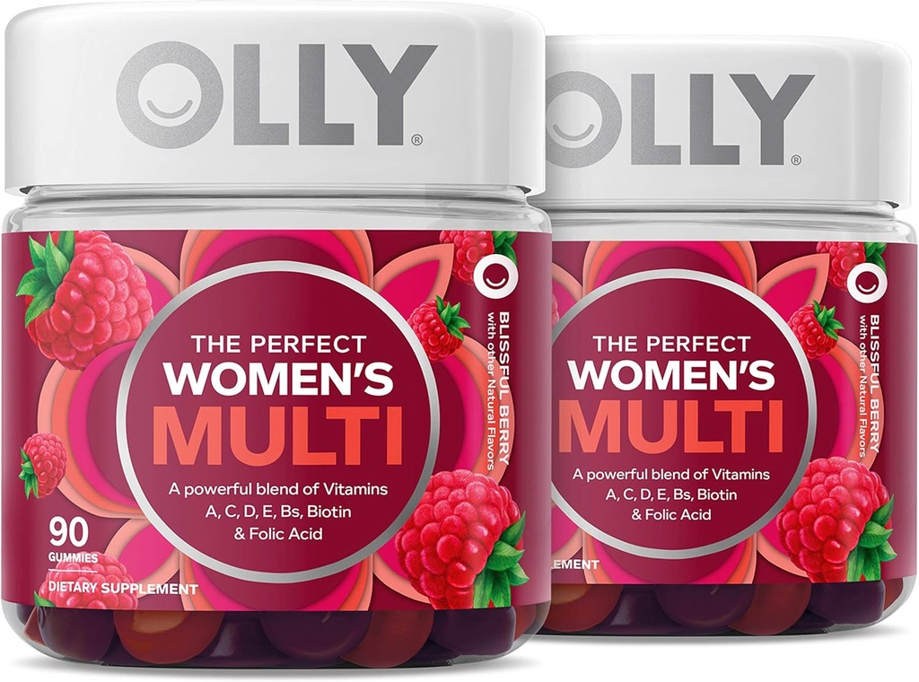 OLLY Women's Multivitamin Gummy, Vitamins A, D, C, E, Biotin, Folic Acid, Chewable Supplement, Berry Flavor, 90-Day Supply - 180 Count