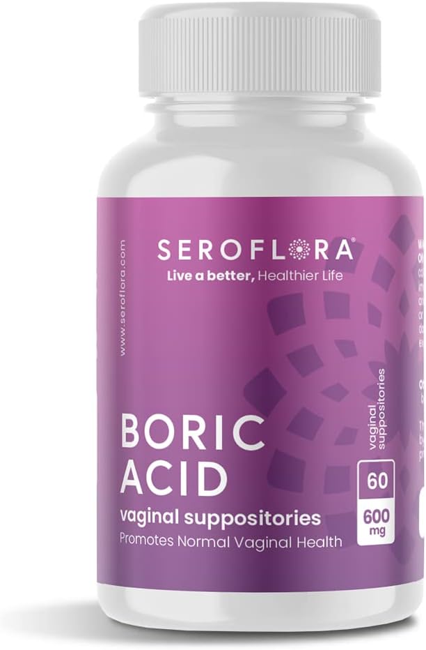 Seroflora Boric Acid Vaginal Suppositories - Promotes Vaginal pH Balance and Odor Control with USP Medical Grade Fine Powder, Easy Dissolve, Made in USA -600 mg 60 Count