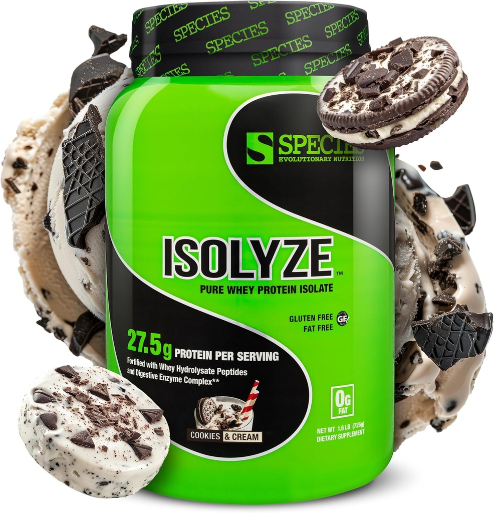 Species Nutrition Isolyze Whey Protein Powder, 100% Whey Isolate for Muscle Building, 27.5g Protein Per Scoop, No Sugar & Low Fat (Cookies & Cream, 22 Servings)