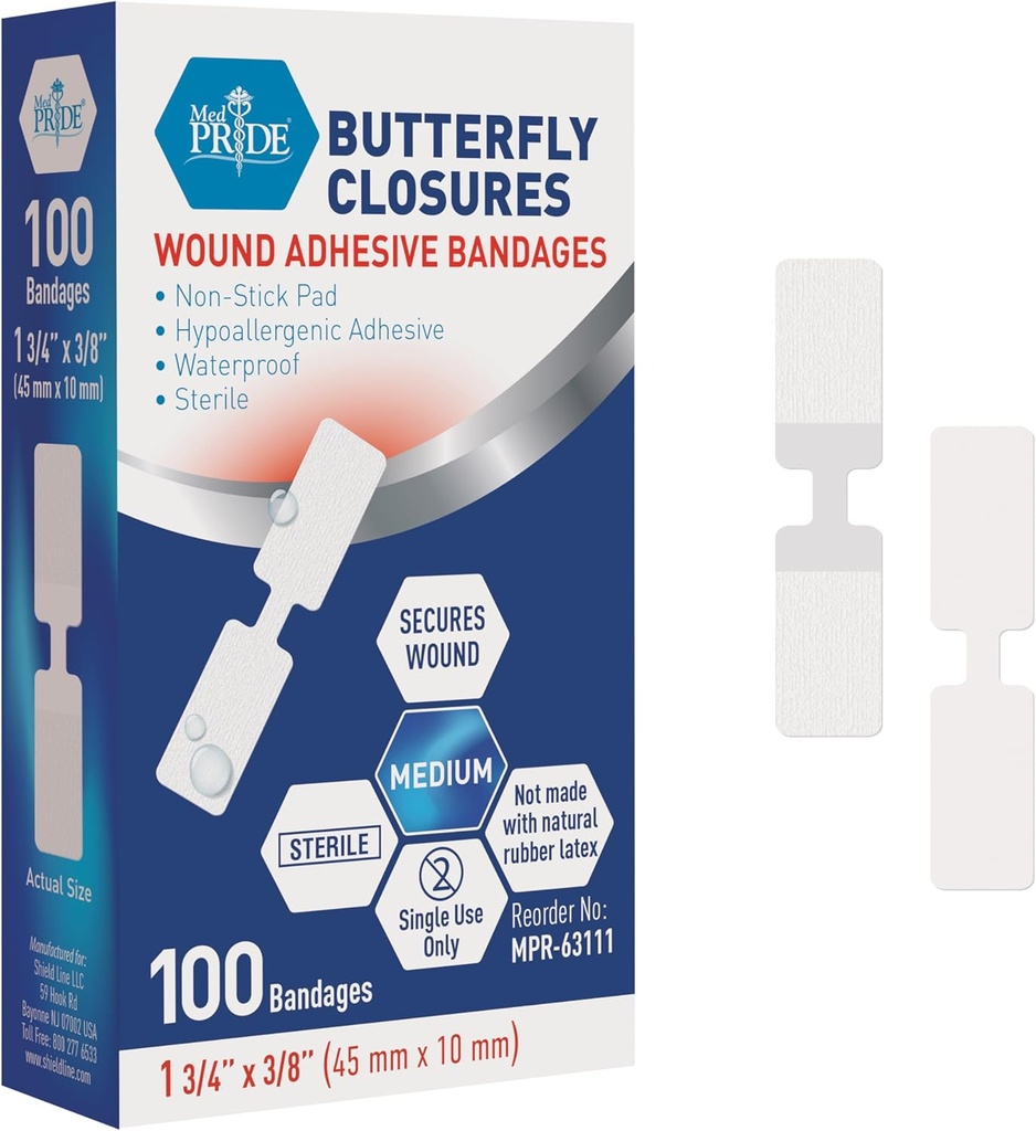 MED PRID Butterfly Wound Classure Strips Pack 100 Sterile Nonstick Hypoallergenic Latex Free Bandages for Cuts and Injuries (Medium)