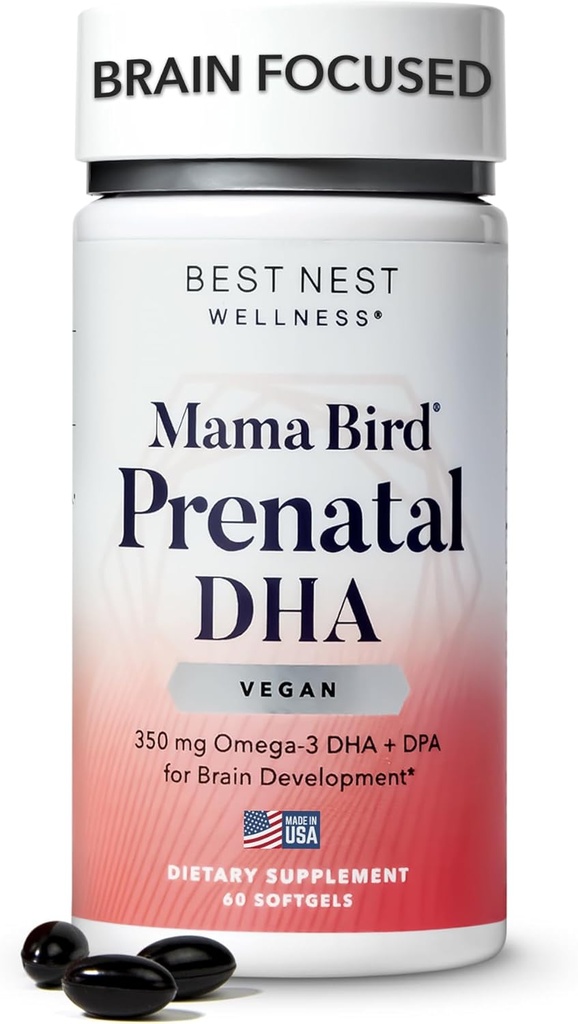 Best Nest Wellness Mama Bird Vegan Προγεννητικό DHA - Brain & Eye συμπλήρωμα υποστήριξης για το μωρό - Vegan Προγεννητικό συμπλήρωμα με Algae DHA - Συμπλήρωμα διατροφής για τη μαμά - 60 Softgels