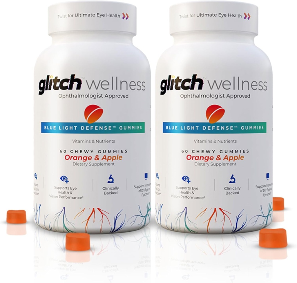 Glitch Gummies for Dry Eyes Blue Light Defense – Vegan, Sugar Free Zeaxanthin και Lutein Gummies for Eyes Συμπληρωματικό για ενήλικες και ηλικιωμένους (60 Count - 2 Bottle)