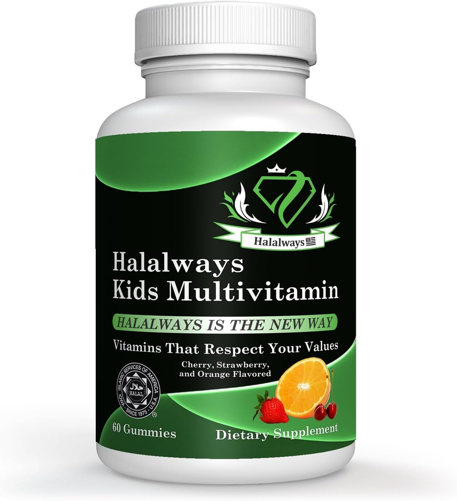 Halalways παιδιά καθημερινή Gummy Halal Certified Multivitamin for Kids, Vitamin C, D3 and much More for Immune Support Cherry, Strawberry, Orange Flavors Certified Halal Supplement