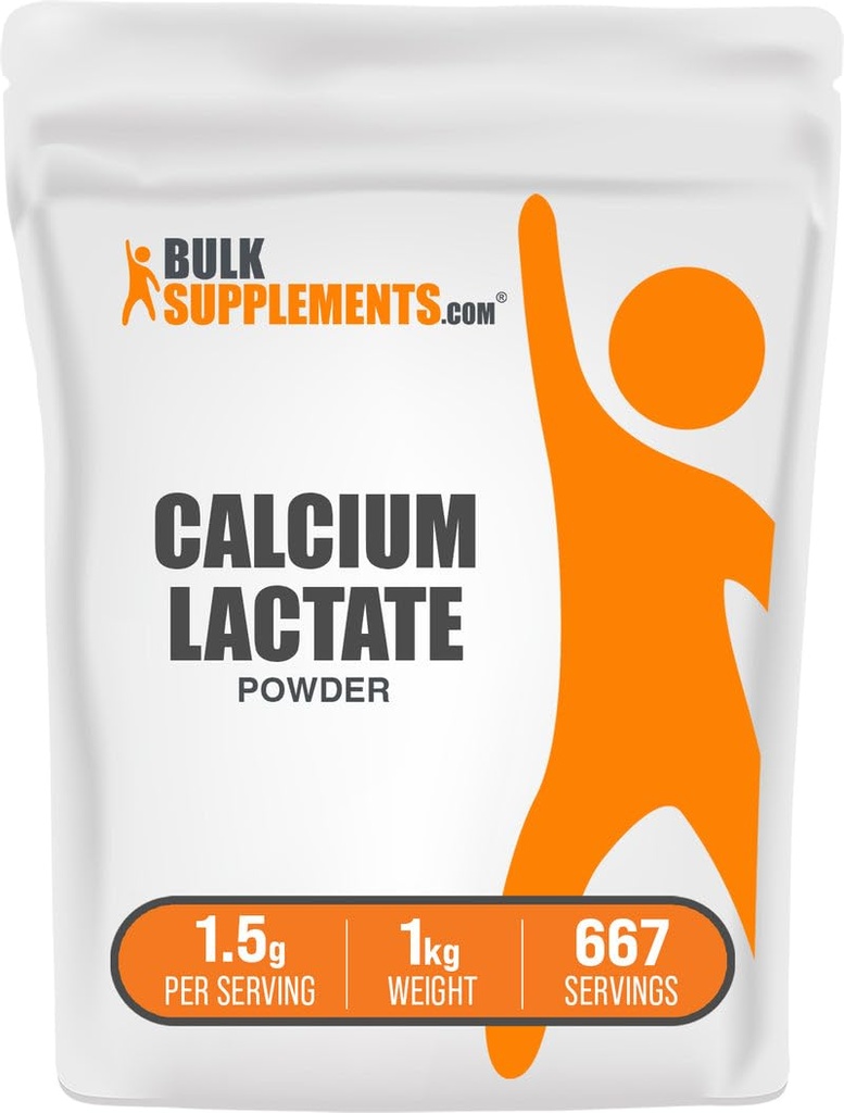 BulkSupplements.com Γαλακτική σκόνη ασβεστίου - Συμπλήρωμα ασβεστίου Κόνις, βαθμός τροφίμων - Καθαρή & Χωρίς γλουτένη, 1,5g ανά σερβίρισμα, 1kg (2,2 lbs) (πακέτο των 1)