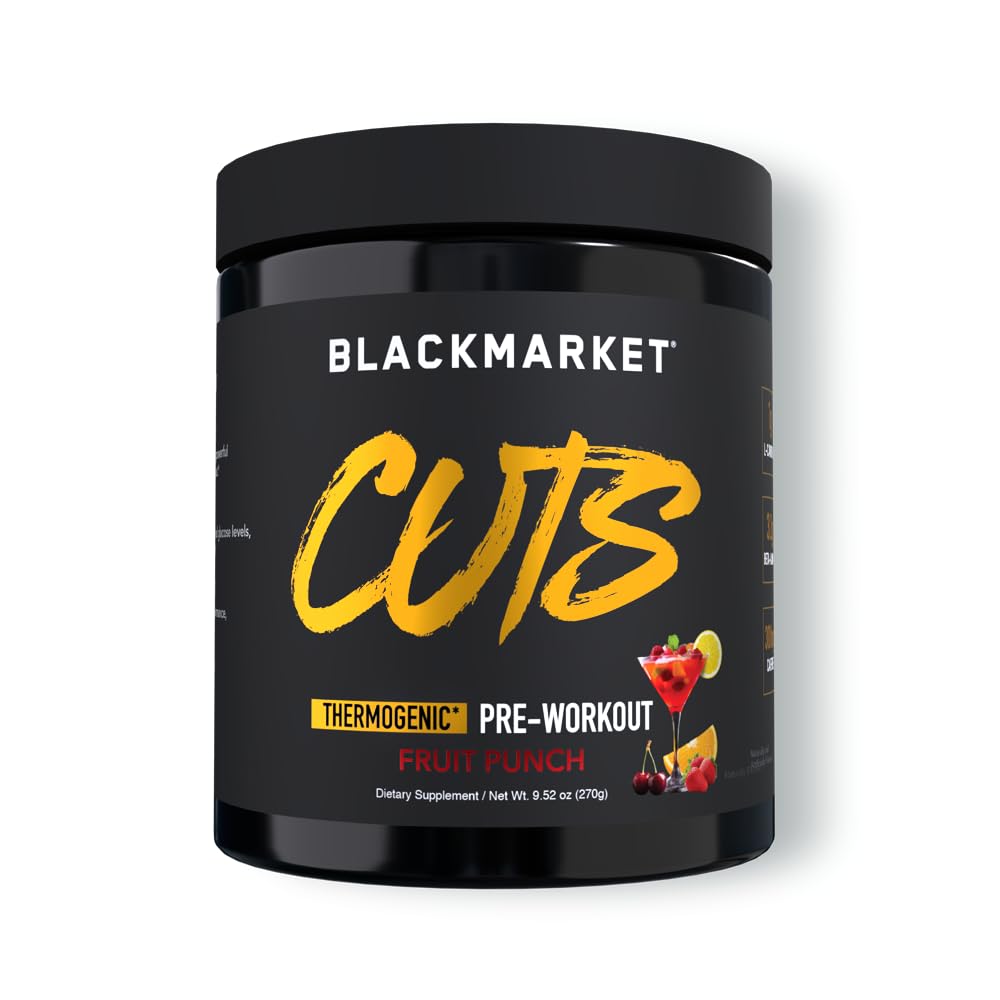 BLACKMARKET CUTS Προ προπόνηση – Θερμογόνο Ενέργεια & Focus Σκόνη για άνδρες και γυναίκες, Λιπαρά Μεταβολισμός, Μύες Ορισμός, Createine Δωρεάν, 30 εξυπηρετήσεις (Fruit Punch)