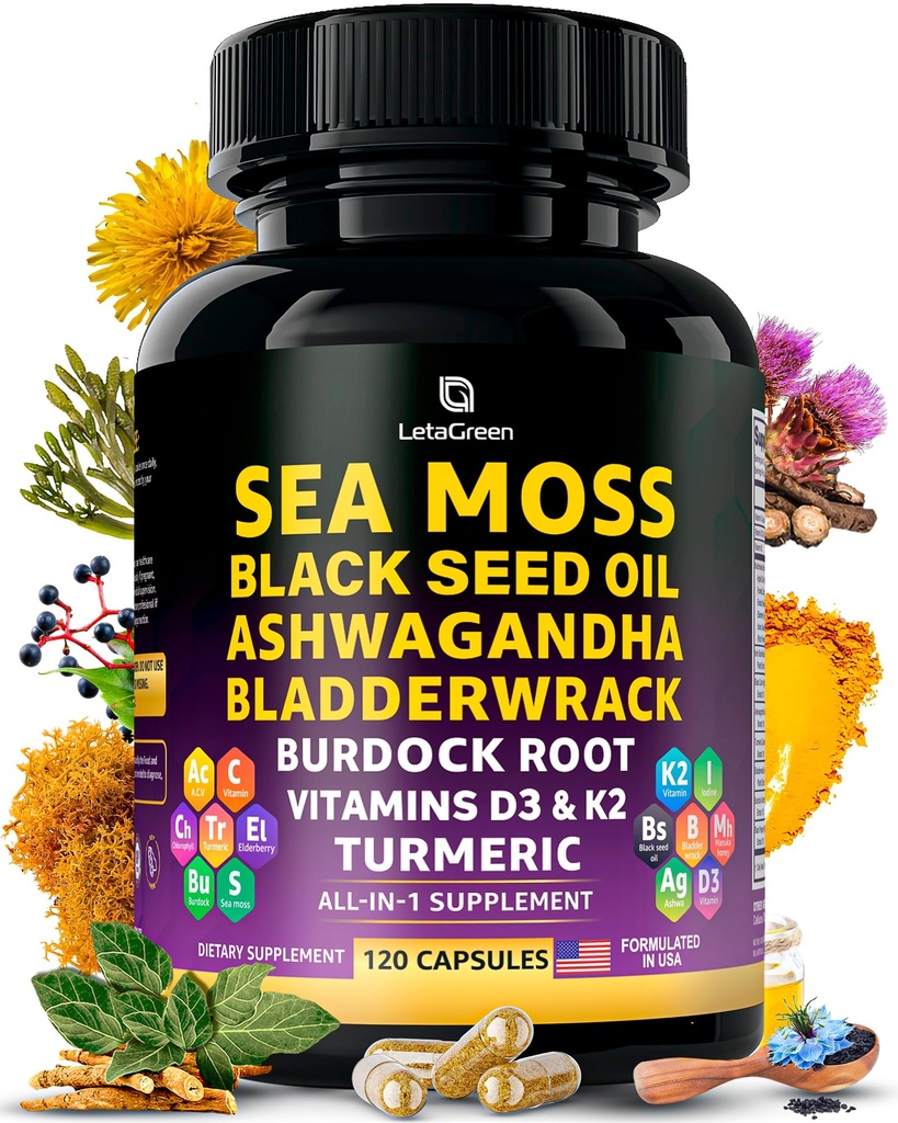 Sea Moss Κάψουλες – 17-σε-1 ανάμειξη με μαύρο σπορέλαιο Ashwagandha Bladderwrack Burdock Root Turmeric Vitamin D3 K2 C για την καθημερινή ευεξία – Multimineral Supplement for Men & Women – 120 Count