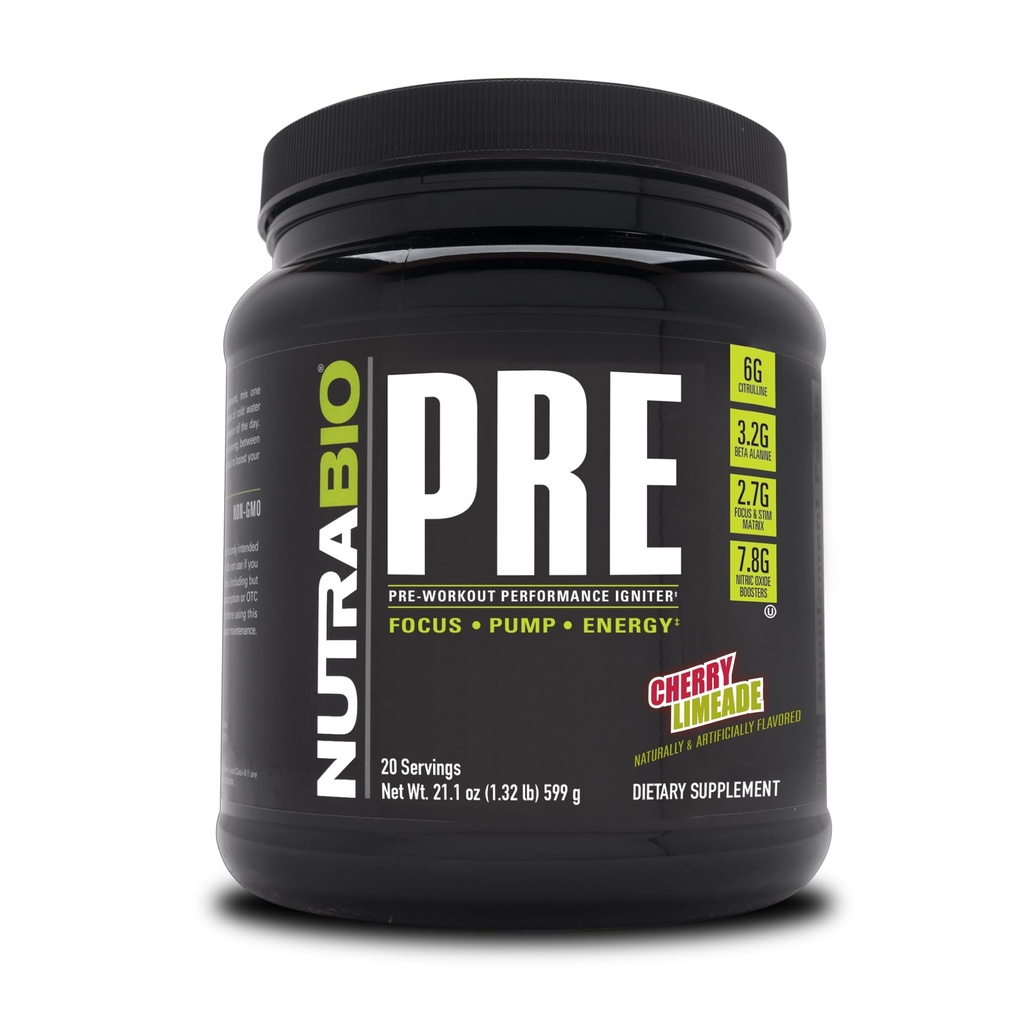 NutraBio PRE workout powder - Παλιά Formula- Παρατεταμένη ενέργεια, ψυχική εστίαση, αντοχή - Beta Alanine, Creatine, καφεΐνη, ηλεκτρολύτες - 20 εξυπηρετούν - Cherry Limeade