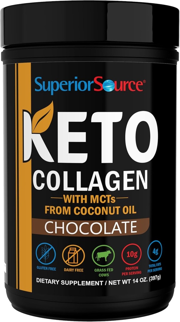 Superior Source Keto Collagen - Κόνις πρωτεΐνης κολλαγόνου με λάδι MCT - Υποστηρίζει τα μαλλιά, το δέρμα, τα νύχια και την κοινή υγεία - Γαλακτο-ελεύθερο - σοκολάτα, 14 oz
