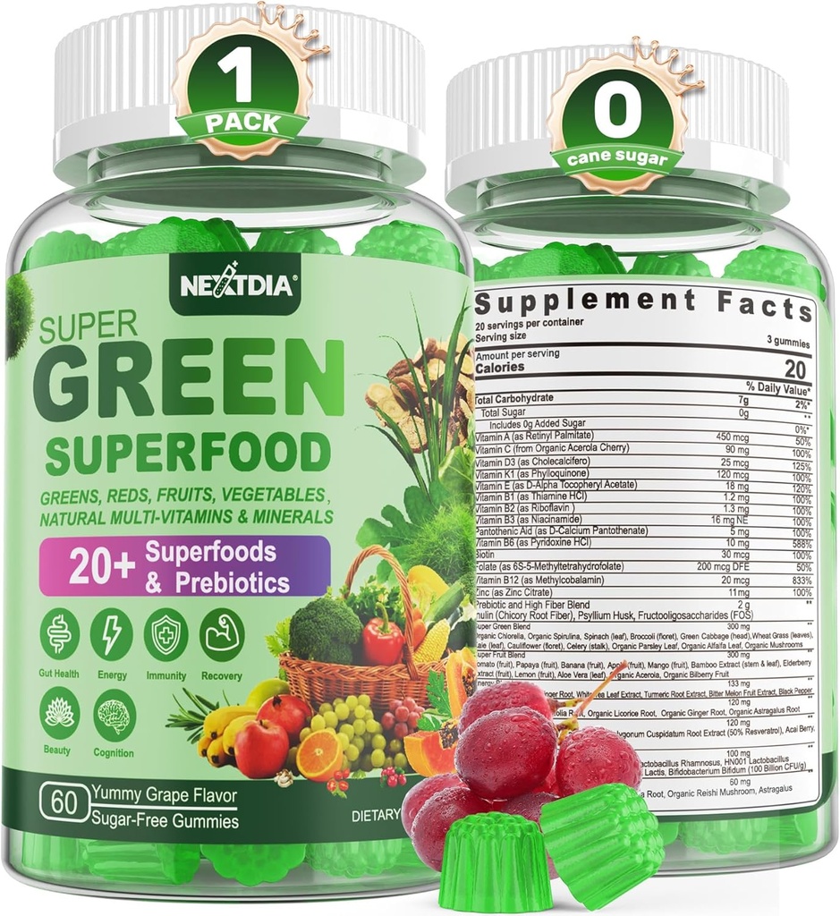 Super Greens Gummies, Greens Superfood Powder Alternative w/Spirulina, Chlorella, Prebiotic Fiber, Probiotic, Fruit Veggie, Daily Greens Lefric for Digestive & Gut Health, Immunity, Focus, 60 Cts