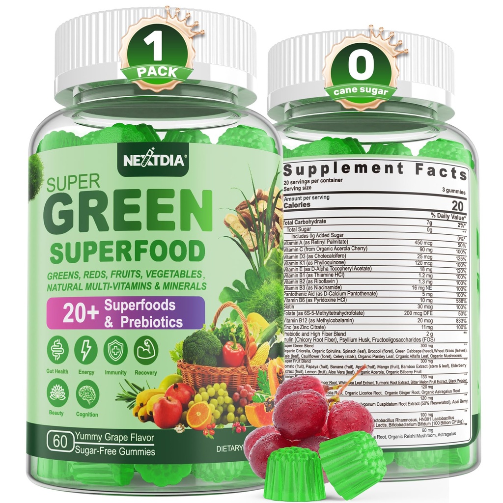 Super Greens Gummies, Greens Superfood Powder Alternative w/Spirulina, Chlorella, Prebiotic Fiber, Probiotic, Fruit Veggie, Daily Greens Lefric for Digestive & Gut Health, Immunity, Focus, 60 Cts