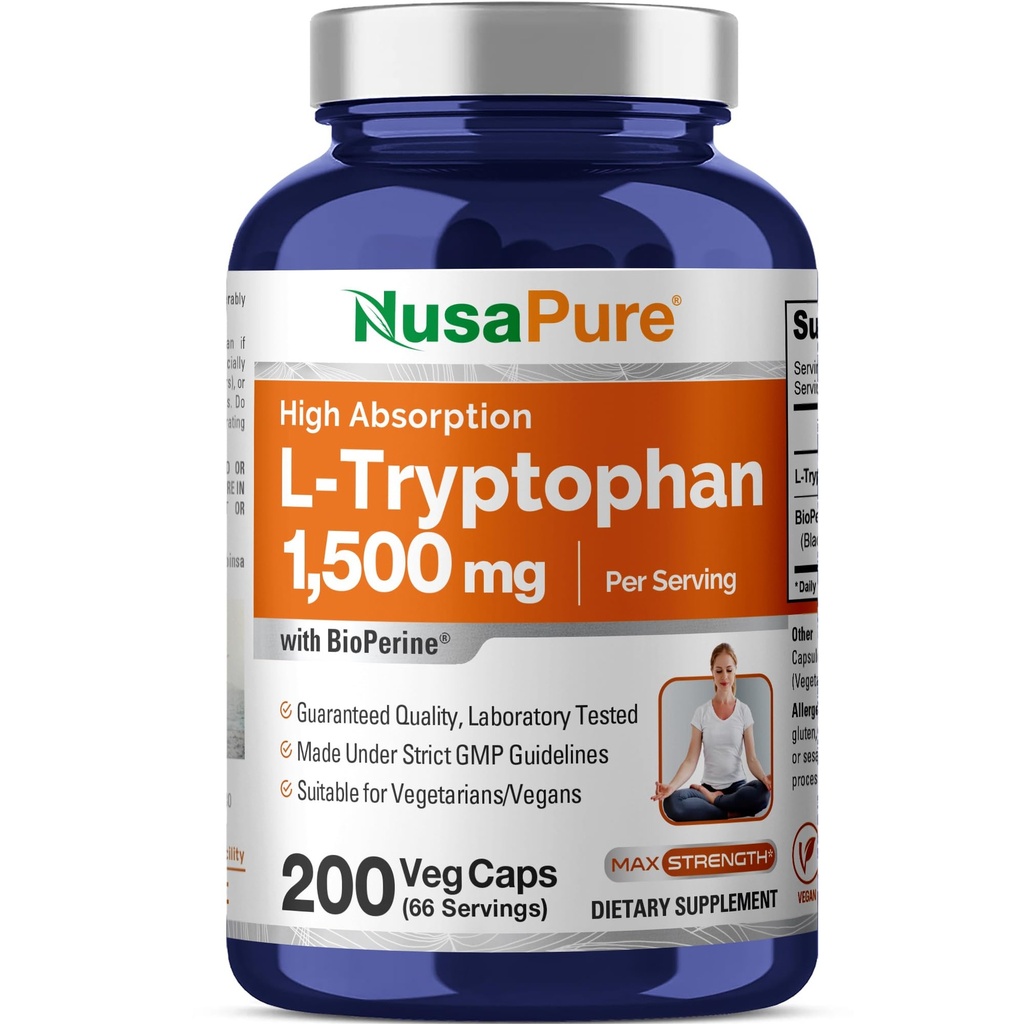 NusaPure L-Tryptophan 1500mg 200 Χορτοφαγικά Καπάκια (Non-GMO, Vegan) Βιοπερίνη