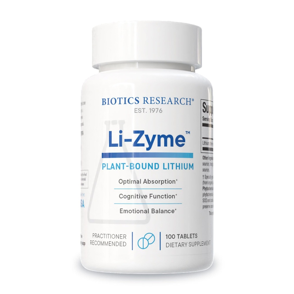 Biotics Research Li Zyme 50 micrograms, Lithium as a Whole Food, phytochemically Bound Lithium, Highly bioavailable, Supports Brain Function, Memory and Mood Support, 100 Tablets