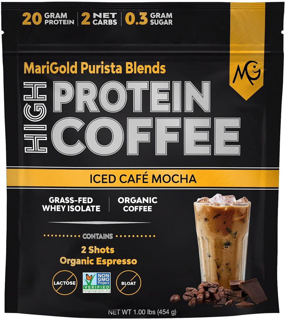 MariGold High Protein Coffee - Iced Café Mocha, 20g Grass Fed Whey Protein Isolate, Energy & Workout Boost, 2 Shots Organic Espresso, Non-GMO, 2 Net Carb, 1 Lb Bag, 15 Services