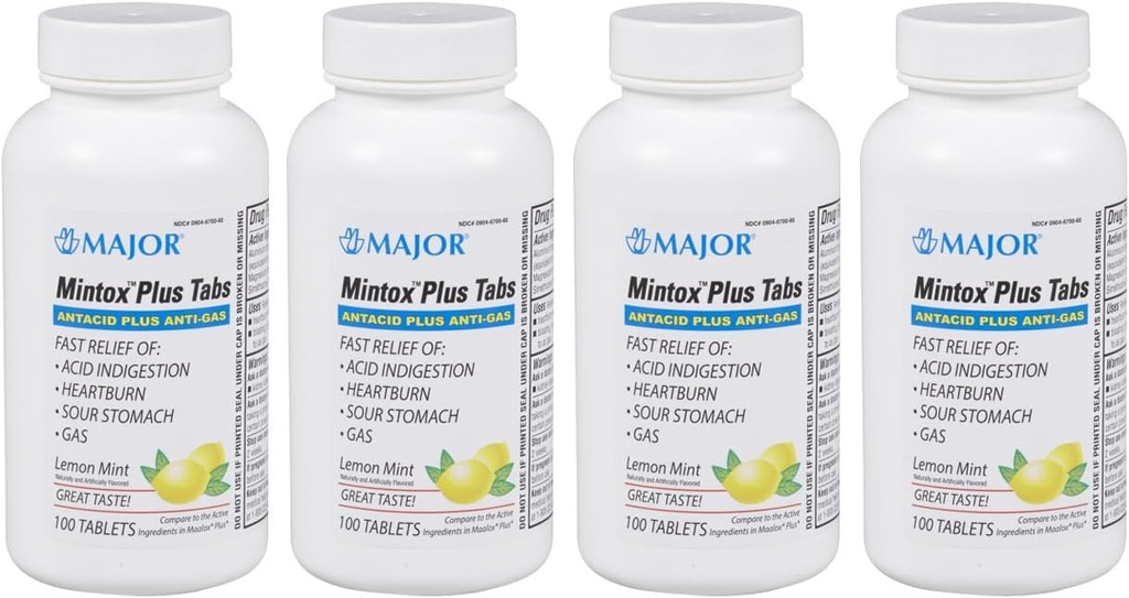 MAJOR Mintox Plus Tabs - Αντιόξινα Plus δισκία Anti-Gas - Βοηθά στην γρήγορη ανακούφιση οξύ δυσπεψία, εγκαύματα, Sour Στομάχι και Αέριο - Μέντα Λεμόνι Γεύση - 100 Μέτρα (4 Συσκευασία)