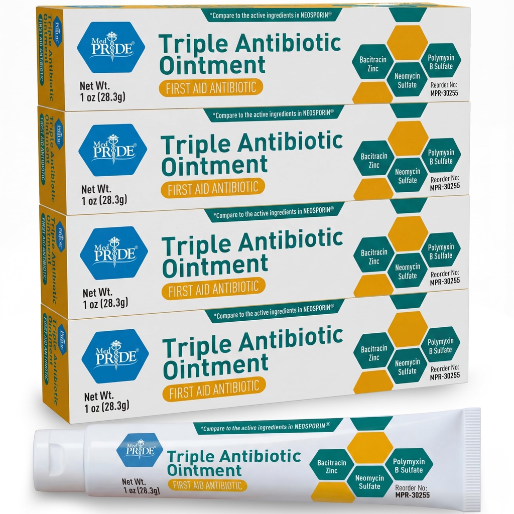 MED Pride Triple Antibiotic Pride Aintment Tube 1 Oz 4-Pack, Πρώτες βοήθειες για μικρές πληγές, γρατσουνιές, εκδορές, με ψευδάργυρο, νεομυκίνη, πολυμυξίνη