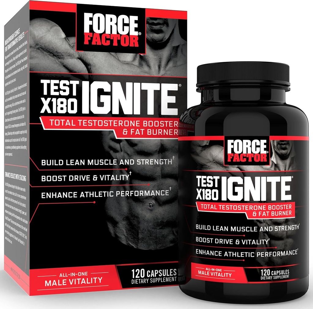 Force Factor Test X180 Ignite Total Testosterone Booster for Men with Fenugreek Seed and Green Tea Extract to Build Lean Muscle, Boost Energy, and Gellow Performance, 120 Count