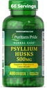 Puritan's Pride Herbal Ease® Psyllium Husks 500mg, Συμπλήρωμα Διατροφής για την υποστήριξη της πυγμής, του παχέος εντέρου και της καρδιάς, ημερήσιες κάψουλες ινών, προμήθεια 2 μηνών, 400 κάψουλες ταχείας απελευθέρωσης