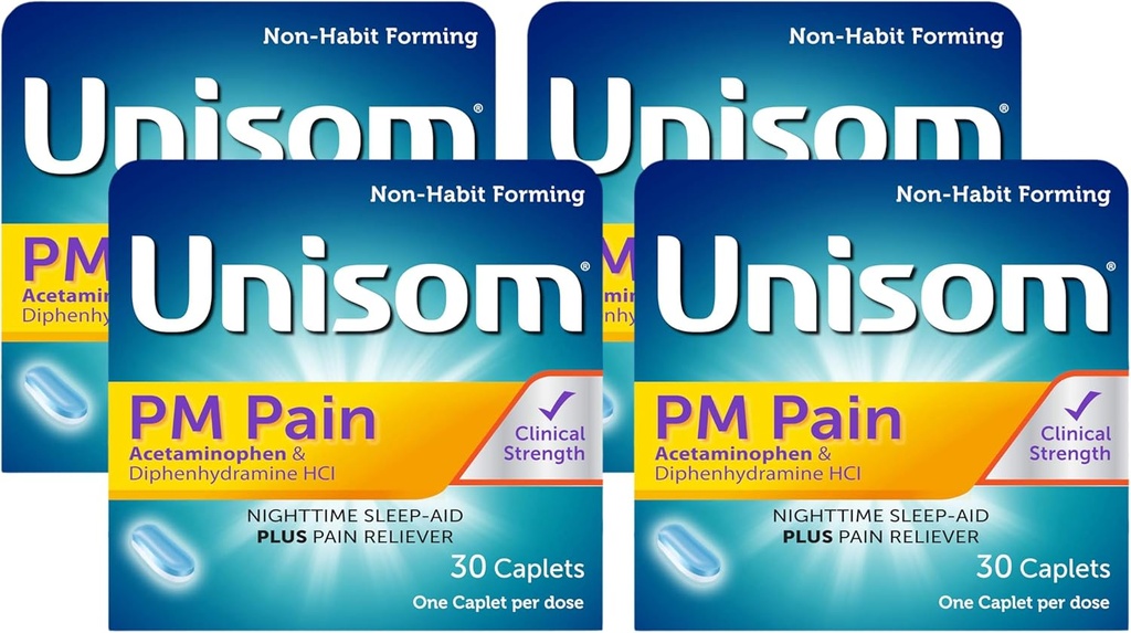 Unisom PM Πόνος νυκτερινής παραμονής Sleep-Aid + Πόνος Reliever, Acetaminophen & Diphenhydramine HCI, 30 Caplets, 50mg (Pack of 4)