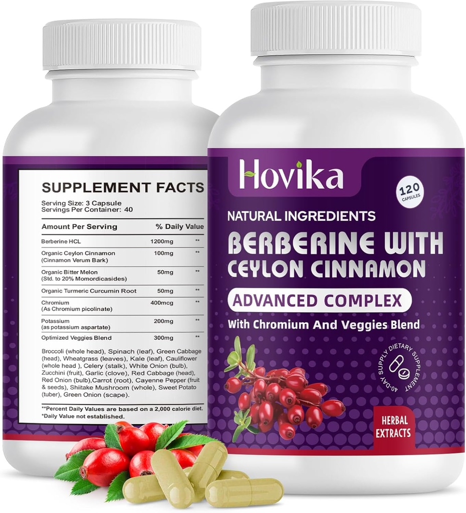 Κάψουλες βερβερίνης HCL 1200 mg - Συμπλήρωμα βερβερίνης με Ceylon Cinnamon, Chromium, Veggies Blend - Υποστηρίζει Μεταβολισμό και ανοσοποιητικό σύστημα, Υγεία ούρων - 120 ct Εύκολα καταπίνετε χάπια Vegan
