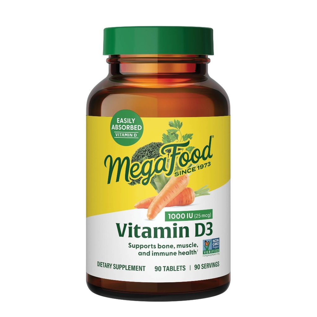 MegaFood Vitamin D3 1000 IU (25 mcg) - Βιταμίνη D συμπληρώματα με πραγματικό φαγητό, ανοσοποιητική υποστήριξη, υποστηρίζει οστά, δόντια & μύες, χορτοφάγους, χωρίς γλουτένη, μη GMO, Kosher – 90 δισκία, 90 σερβιρίσματα