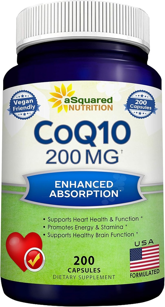 aSquared Nutrition CoQ10 (200 κάψουλες και 200mg) - Υψηλή απορρόφηση Vegan CO Q-10 σκόνη - Ένζυμο Ubiquinone συμπληρώματα χάπια, Extra Antioxidant Coenzyme Q10 βιταμίνη, Coq 10 Alernative to Softgels