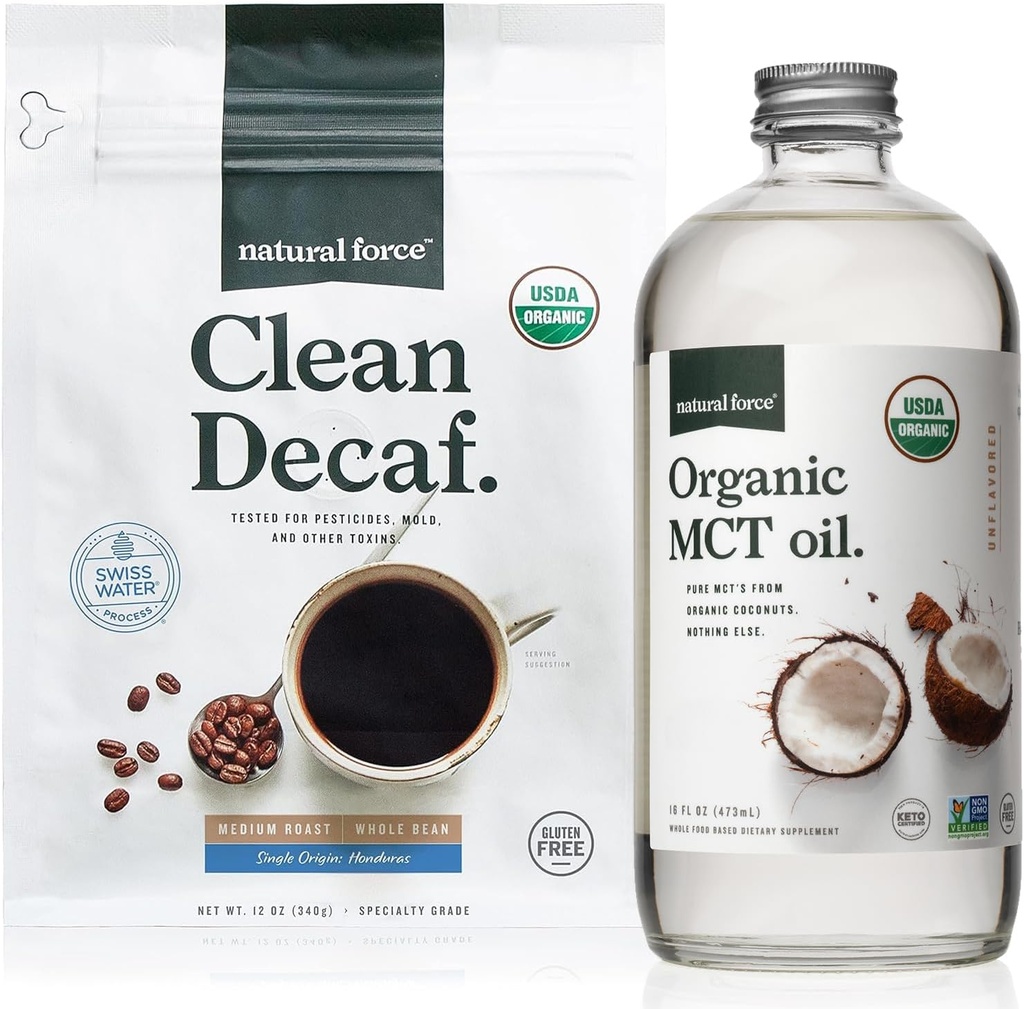 Natural Force Organic Clean Decaf Coffee+ Organic MCT Oil Bundle – 100% Pure Coconut MCTs & Mold & Mycotoxin Free Coffee – Μη ΓΤΟ, Κέτο, Παλαιό, και Vegan - 12 Oz και 16 Oz