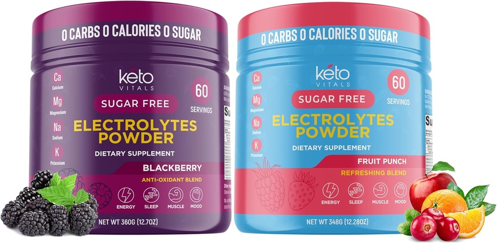 Keto Vitals BlackBerry Bundle με Punch Φρούτων - 2 Pack Bundle Keto Ηλεκτρολύτες Σκόνη - Κετο-Φιλικοί ηλεκτρολύτες με Κάλιο, Μαγνήσιο, Νάτριο, Ασβέστιο - BlackBerry & Punch Φρούτων