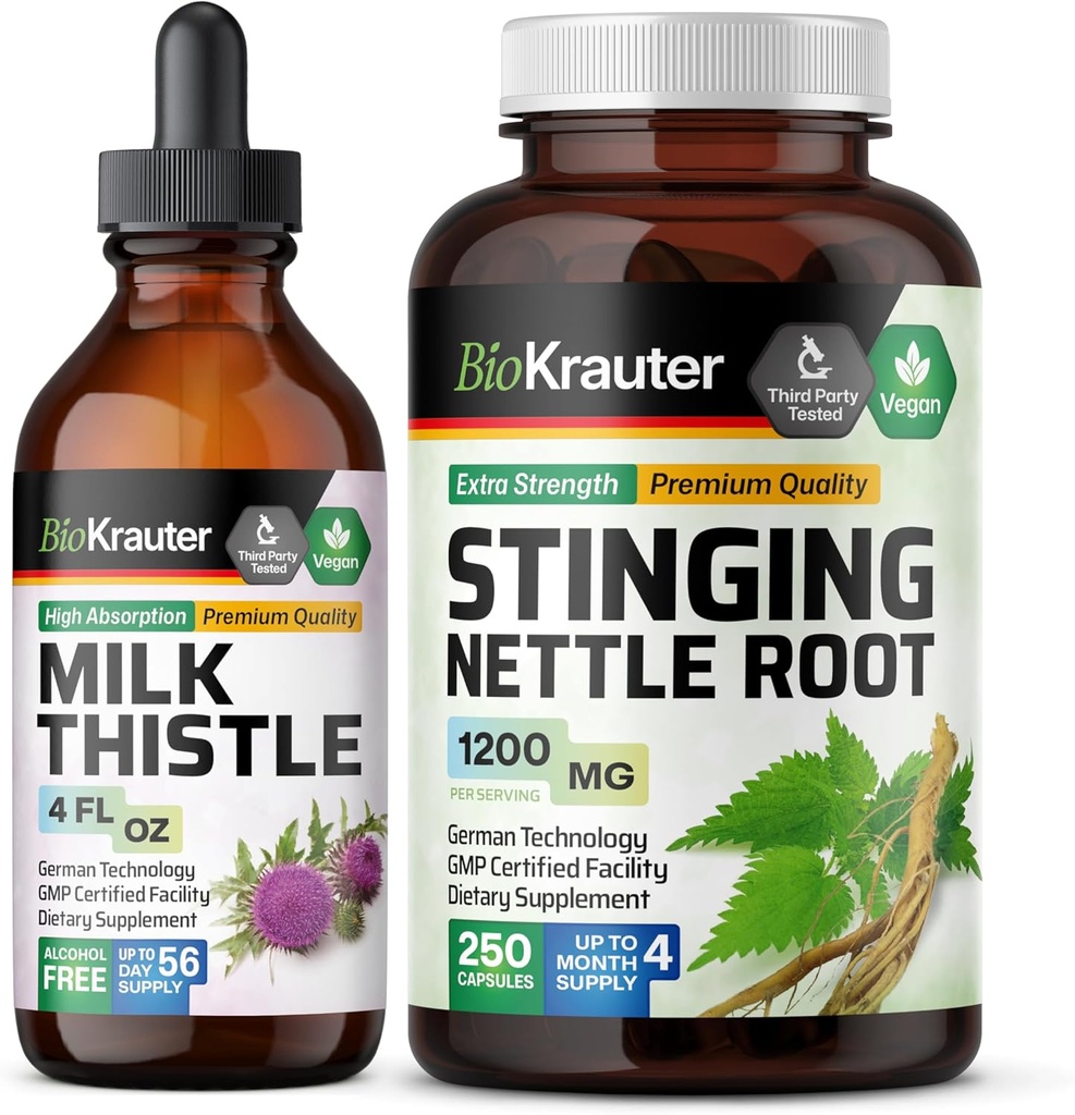 BIO KRAUTER Milk Thistle Tincture 4 Fl. Oz. & Stinging Nettle 250 Capsules