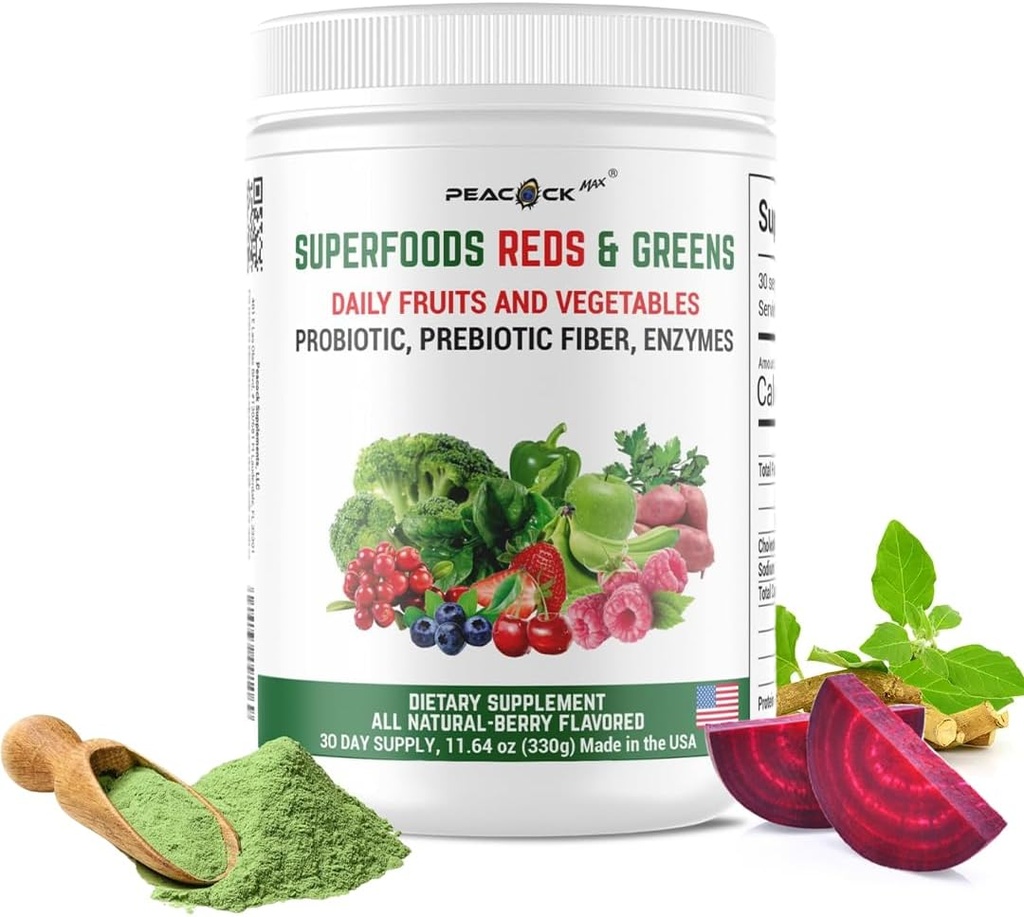 Superfood Reds & Greens Powder - 11,64 oz, Πρεβιοτικά & Προβιοτικά για Digestive Health, Super Greens Powder με Ashwagandha για την Υγεία των Ούλων, Ανοσία, Αντιοξειδωτικά, Vegan, Μη ΓΤΟ