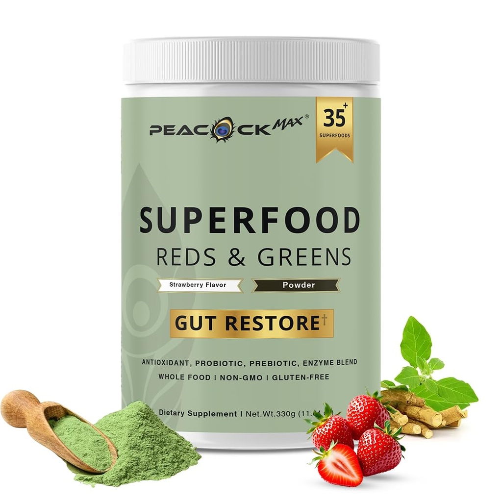 Superfood Reds & Greens Powder - 11,64 oz, Πρεβιοτικά & Προβιοτικά για Digestive Health, Super Greens Powder με Ashwagandha για την Υγεία των Ούλων, Ανοσία, Αντιοξειδωτικά, Vegan, Μη ΓΤΟ